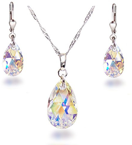 Schöner SD Schmuckset 925 Silber mit Marken Kristall Tropfen Crystal Aurora Boreale