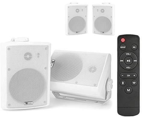Power Dynamics Wireless WiFi Bluetooth Wall Speakers Kit - 4x PD WS40A 4 Inch Active Multi-Room Airplay DLNA Qplay Smart Audio System, IPX5 Indoor Outdoor, White