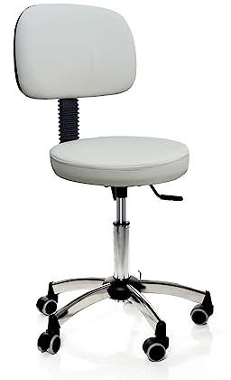 Sgabello da lavoro con spalliera per centri estetici ambulatorio medico, con ruote o piedini, rotazione libera di 360°, imbottitura D37 altezza 7 cm. in finta pelle, in diversi colori