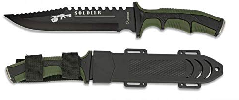 Cuchillo Soldier Verde Hoja 19 cm para Caza, Pesca, Camping, Outdoor, Supervivencia y Bushcraft Albainox 32405 + Portabotellas de regalo