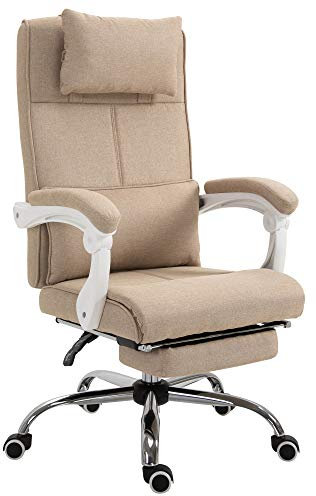 HOMCOM - Silla de oficina ergonómica con reposapiés retráctil, respaldo reclinable, tetera y soporte para los lumbares, ajustable en altura, en tejido beige