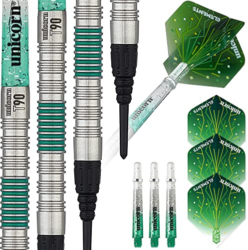 Unicorn Soft Tip Darts Set | Core T90 Series Style 2 | 90% Tungsten Barrels with Green Accents | 23 g
