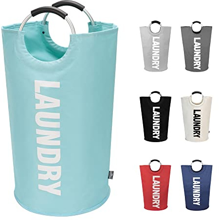 DOKEHOM 90L Cesta de Ropa Grande, Bolsa de Lavandería Plegable, Cesto Alto y Autoportante Para Ropa, Cesto de Lavado Plegable (Azul Claro)