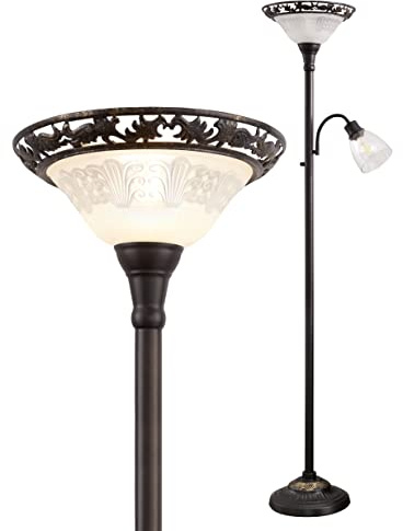 Floor Lamps for Living Room, 70 Floor Lamp Standing Torchiere Lamp with Etched Glass Shade, Metal Pole & Heavy Base, Vintage Tall Corner Lamp Decor for Bedroom, Living Room, Office. No Bulbs (2 Head)