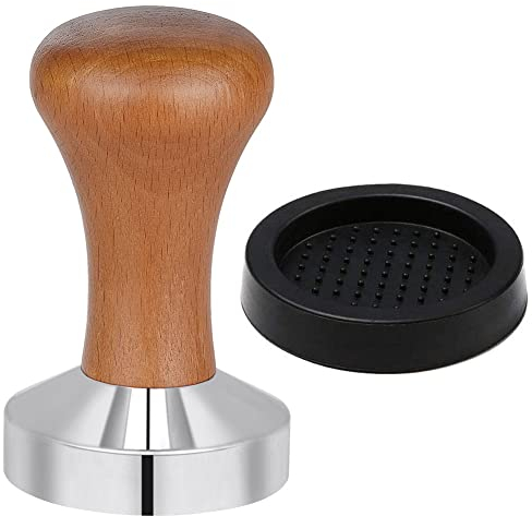 Vicloon Coffee Tamper 51mm, Espresso Coffee Tamper, Stainless Steel Espresso Tamper, Wooden Tamper Coffee Shop Supplies with Silicone Tamper Mat
