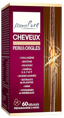 Vitamines pour les Cheveux, la peau et les ongles Essence Pure | Biotine, Collagène, Argousier, MSM, Saw Palmetto | Perte de cheveux Femmes et Hommes | Traitement d'un mois | 60 gélules Api-Nature