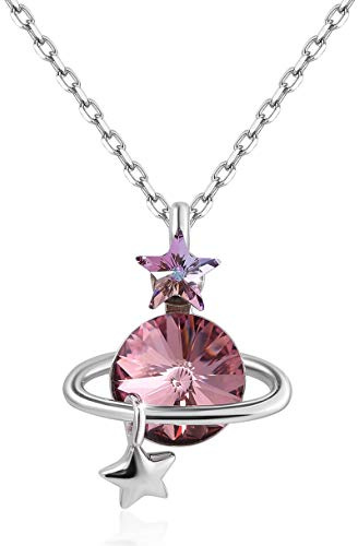 Richapex Saturnus-halsband för dam stjärnhänge i 925 silver med rosa kristaller, Sterlingsilver