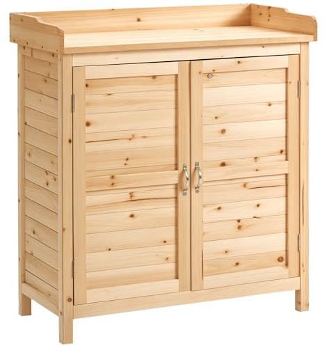 Outsunny Armadietto da Esterno a 2 Ripiani in Legno di Abete con Design Rialzato e 2 Ante, 83x40x92 cm, Color Legno
