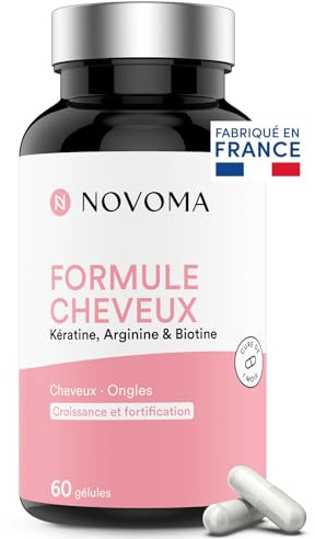 NOVOMA Formule Cheveux, Pousse & Fortification, Complément Alimentaire avec Biotine, Kératine, Sélénium, Zinc & Roquette, Cure de 1 mois, 60 Gélules Vegan, Fabriqué en France