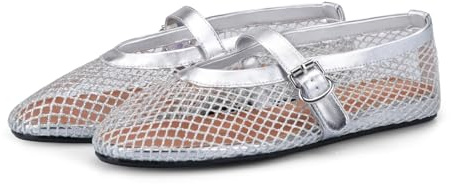 MIRAAZZURRA Ballerines plates en maille pour femme avec sangle à boucle réglable, Argenté, 10 US