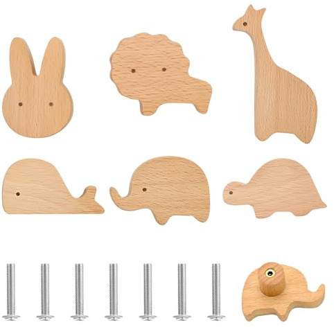 VOSSOT Lot de 6 boutons d'armoire en bois pour chambre d'enfant - En forme animal - Poignées de tiroir en bois avec motifs d'animaux