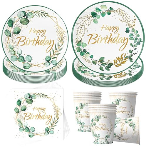 Sunshine Smile Juego de vajilla de fiesta verde eucalipto, 50 unidades, hojas de eucalipto, platos para fiestas de cumpleaños y cumpleaños infantiles