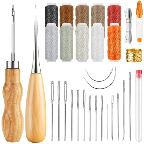 Sheryl&Rain 31 Pcs Kit Costura, Herramientas Cuero, Kit de Costura de Cuero Profesional, Agujas Coser Cuero y 10 Colores de Hilo de Reparación para Cuero DIY, Reparación de Bolsos y Zapatos