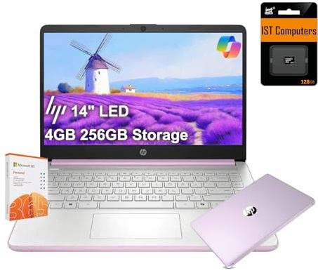HP 14 Ultra-Light Laptop for Student & Home (14 LED, 1-Year Office 365, Intel 4-Core N150 (>N4120), 4GB RAM, 256GB Storage (128GB+128GB)), Long Battery Life, Fast Charge, Webcam, Win 11 S, Lavender