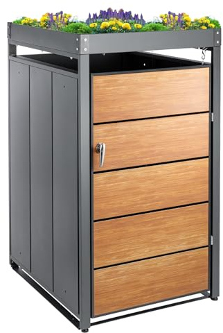 240L Mülltonnenbox aus Stahl Mülltonnenverkleidung Abschließbar Wetterfest Müllbox Tonnenhaus Abfallbehälter für Garten Einfahrt (1, Mit Pflanzdach - Schwarzer Rahmen+Tür aus Holzfarbe)