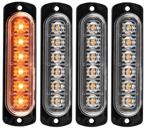 4pcs 6 LED Ambre Feu de Lumière Stroboscopique LED Ultra Mince, Barre lumineuse à LED Mini barre lumineuse d'urgenc, Clignotants Étanche IP65, 12V-24V Universel pour Camion, Voiture, SUV