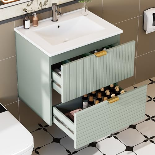 Lcoho 61 x 46 x 57 cm lavabo colgante de pared, MDF completamente lacado, dos cajones silenciosos, frentes de cajones estructurados horizontal y verticalmente, lavabo integrado, verde menta