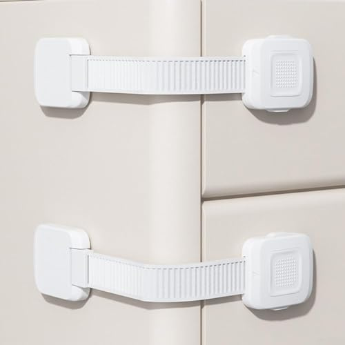 Sistema de seguridad infantil 2 en 1 para armarios, cajones, estanterías, armarios y unidades de TV con integración de correa antivuelco (caja - paquete de 2 blancos)