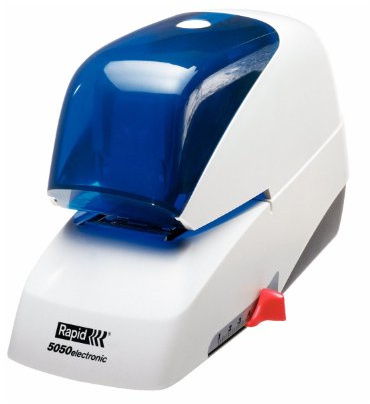Rapid Supreme 5050e Contactless Electric Stapler, 50 Sheet Capacity, Mains Powered with global Plug, Flat Clinch Stapling, Staples Included, Metal and Plastic, White/Blue, 20993210