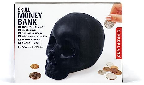 Kikkerland Ceramic Desktop Halloween Decorative Skull Coin Piggy Bank, Money Saver Box