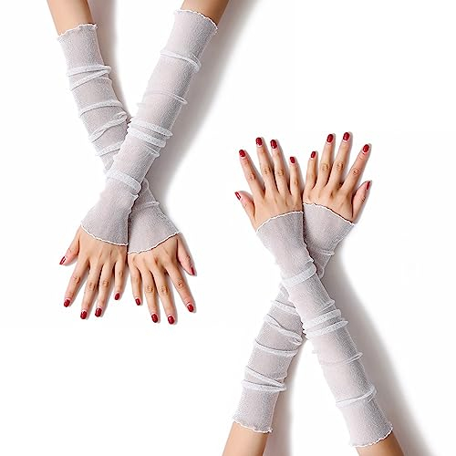 MUYDZ 2 Paar lange Armstulpen für Damen, mit Spitzen-Mesh-Tüll, kühlend und wärmend, Doppelzweck-Sonnenärmel für Damen, Mädchen, Weiss/opulenter Garten, Einheitsgröße
