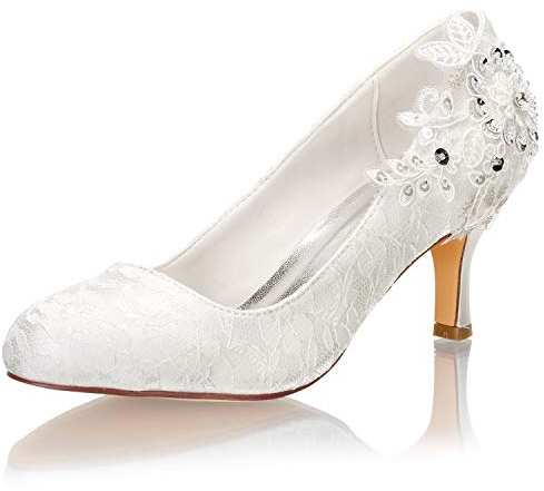 Emily Bridal Chaussures de mariée en dentelle à bout rond avec perles et fleurs, ecru, 37 EU