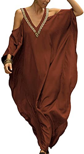 Bsubseach Mujeres Hombro frío Cuello en V Tallas grandes Bikini Traje de baño Cubrir Ups Playa Caftán Vestidos Rojo