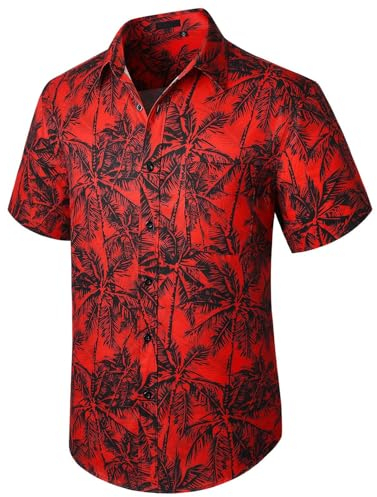 Enlision Herren Hawaiihemd Kurzarm Rot Surfen Bügelfrei Button Down Sommer Hemd Beach Freizeit Urlaub Fronttasche Strand Hemd Aloha Palmen L