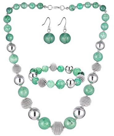BULINLIN Chunky Beaded Silver Necklace Earrings Pearl Handmade Bracelet Set Statement Costume Fashion Jewellery Set Birthday Gifts for Women