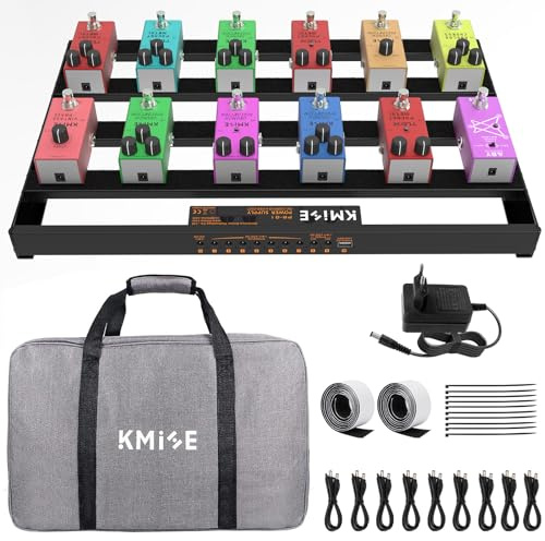 Kmise 49 x 31,5x 3,5cm Guitar Pedal Board Mittlere Größe, mit eingebautem Netzteil Gitarren-Effektpedal Aluminiumlegierung Netzteil mit Tasche, Pedalkabel,Ladegerät, Klettverschluss,Kabelbinder