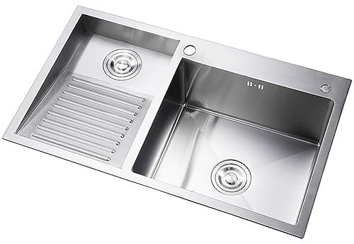 Tvättställ, Med Tvättbräda Diskbänk I Rostfritt Stål Tvättställ, Dubbel Skål Diskbänk För Tvättstuga Badrum Bondgård (Color : Silver-A, S : 80x48x21cm)