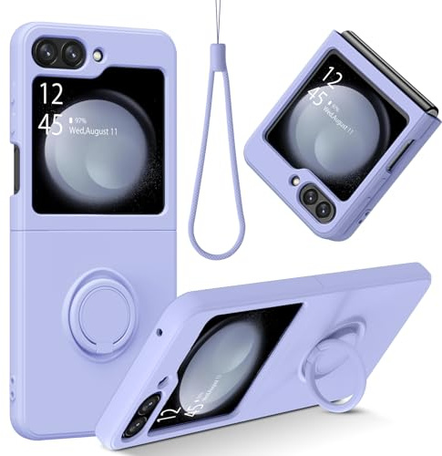 GUAGUA Coque pour Samsung Galaxy Z Flip 5 5G Support-Anneau à 360 Silicone Liquide avec Lanyard Doublure Interieure Souple Etui de Pretection Antichoc pour Samsung Z Flip 5-6.7''(Violet)