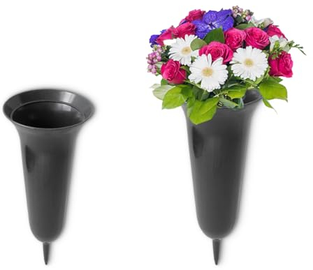 Große Grabvasen zum Stecken in grau als Grab-Deko - 2 wetterfeste Trompeten Blumen-Vasen in 26, 31 cm als Friedhofs Dekoration - Schöne Kunststoff Steck-Vasen als robuste Friedhofs-Vasen