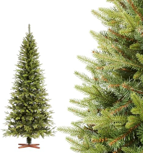FAIRYTREES Weihnachtsbaum künstlich 150cm Nordmanntanne Bleistift Premium | Tannenbaum Holzständer | Made in EU | Christbaum künstlich mit Naturgetreue Spritzguss Elemente