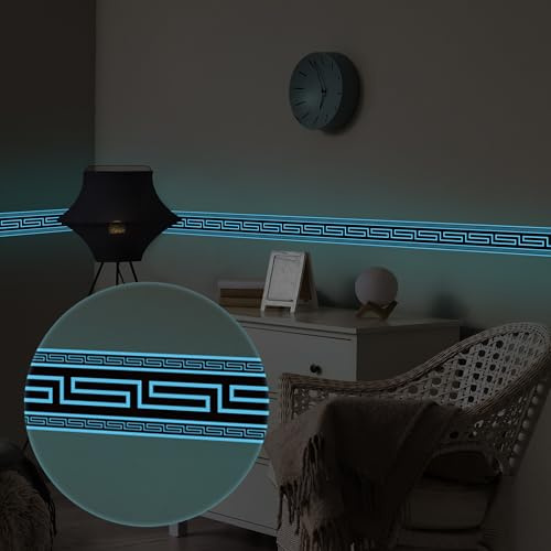 funlife Greek Key Peel and Stick Self Adhesive Wallpaper Borders Stickers, Glow Blue 10x600cm