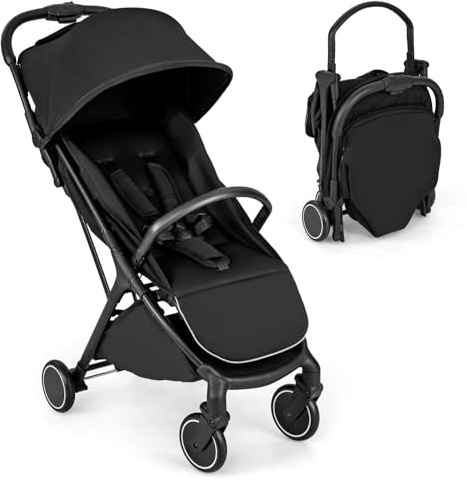 COSTWAY barnvagn, resevagn med liggfunktion, justerbart ryggstöd och säkerhetsbälte, kan belastas upp till 15 kg (svart)