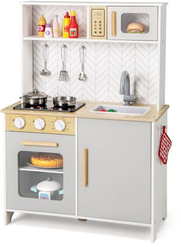 COSTWAY Kinderküche mit Zubehör, Spielküche Holz mit Mikrowelle Herd Spüle Ofen, Kinder Küche mit Licht und Sound, Spielzeugküche Holzküche für Kinder ab 2 Jahren