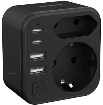 JSVER Adattatore Presa Inglese,Adattatore Spina Inglese Con 2 USB C e 2 USB A（3.4A,17W),Adattatore UK Con Spina Europea e Schuko,Adattatore Di Tipo G Adatto per Regno Unito,Irlanda,Dubai, Maldive-Nero