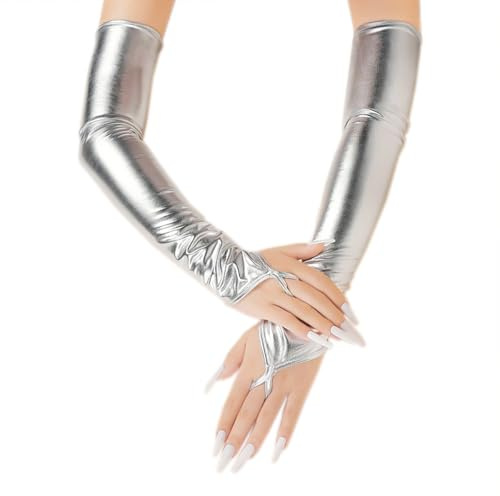 BrightGlow Damer fingerlösa handskar långa krokar fingerhandskar armbågslängd bröllopshandskar vintage operahandskar brudhandskar kvällshandskar halloween cosplay, silver, En Storlek