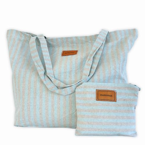 MOMOMUS Grand Sac de Plage Femme XXL Cabas Coton Recyclé 60x40 cm Turquoise