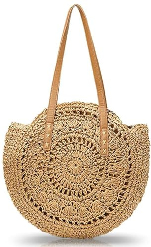 Xusxes Panier De Plage Paille Sac Bandoulière Rétro Rond Sac À Bandoulière Rotin De Paille Pour À Main Femme Ete Paille De Plage Paille Pour les voyages, les vacances, les loisirs