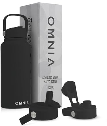 OMNIA Vacuum Insulated Stainless Steel Water Bottle, 2 Lids (Straw & Spout) Leakproof, BPA-Free, Reusable Flask for Sports, Gym, Travel, Outdoors (Black, 1000ML)