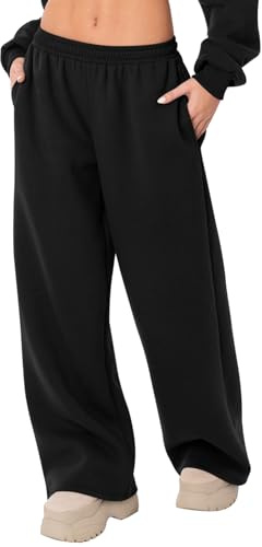 LOMON Wide Leg Sweatpants Women Fleece Sweat Pants Fall Spring Clothes 2026 Teen Girl Baggy Jogger Sweatpant with Pockets (Black, S)