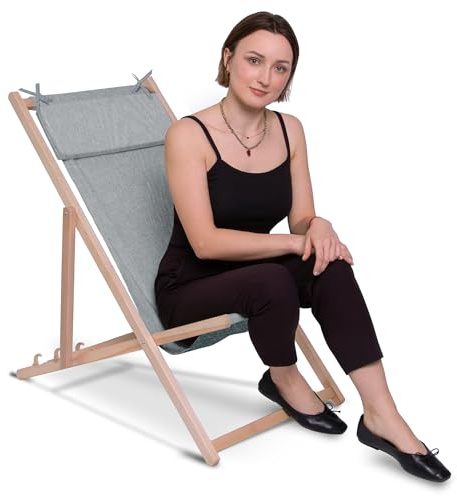 DreamRoots Liegestuhl Klappbar Holz mit Kopfstütze - Klappliegestuhl mit 3-Fach Verstellbarer Rückenlehne - Strandliege Bis 130 kg - 220 g/m² Waschbarer Polyesterbezug in Leinenoptik Light Grey