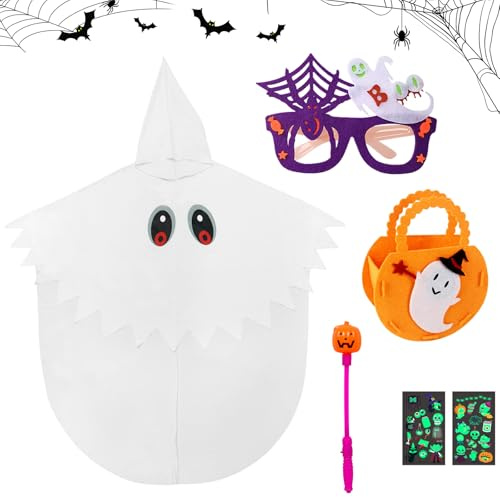 Booaee Deguisement Fantome Enfant,6 pièces Costume d'Halloween pour Enfants Costume Halloween Enfant Fantome avec Cape blanche Baguette magique Lunettes lumineuses pour Halloween Carnaval Cosplay