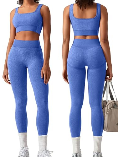 OLCHEE Womens Workout Sets 2 Piece Seamless Square Neck Sports Bra Padded Butt Lifting Leggings High Waist Yoga Gym Outfits - Light Blue Large