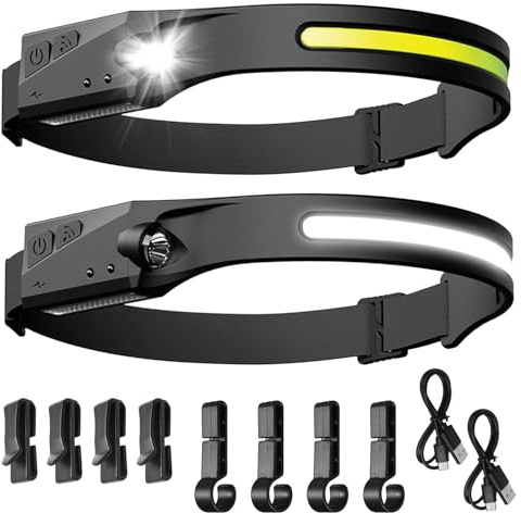 2 Pcs Head Torch Rechargeable with Motion Sensor, Lumilight Head Torch Adjustable IPX5 Waterproof with Helmet Clips, Lightweight LED Headlamp Long Lasting Super Bright for Camping Running Cycling