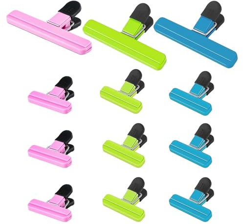 12 Pcs Food Clips for Bag Sealing, Reusable Kitchen Food Clips for Bags, Freezer Bag Clips, Airtight Storage, 3 Colours for Home, Kitchen, Travel & Camping (3 Large and 9 Small)