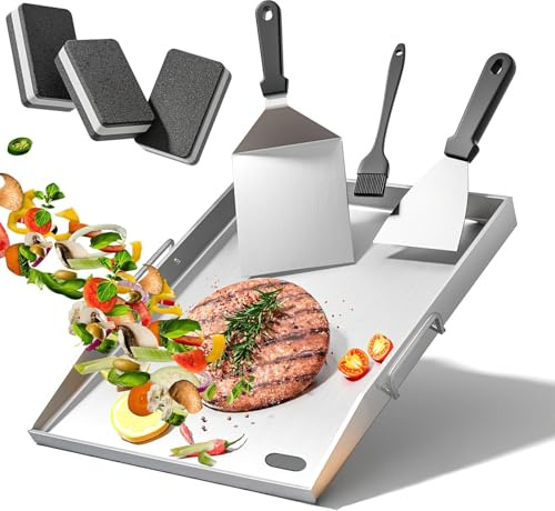 devesanter Grillplatta, med oljespårgrillplatta, gasgrill med grillspatel, 4 mm rostfritt 304 rostfritt stål, 40 x 30 cm för eldstad, grillplats, lägereld, ugn eller spis