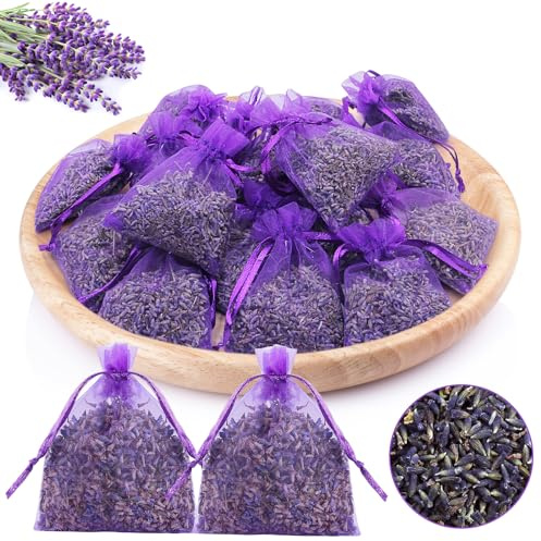 Doftande lavendelpåsar, 20 stycken äkta torkad lavendel, anti-insekter och anti-mal, intensiv doft, doftpåsar för skåp, linne, lådor, bilar, sovrum, 5 g per påse